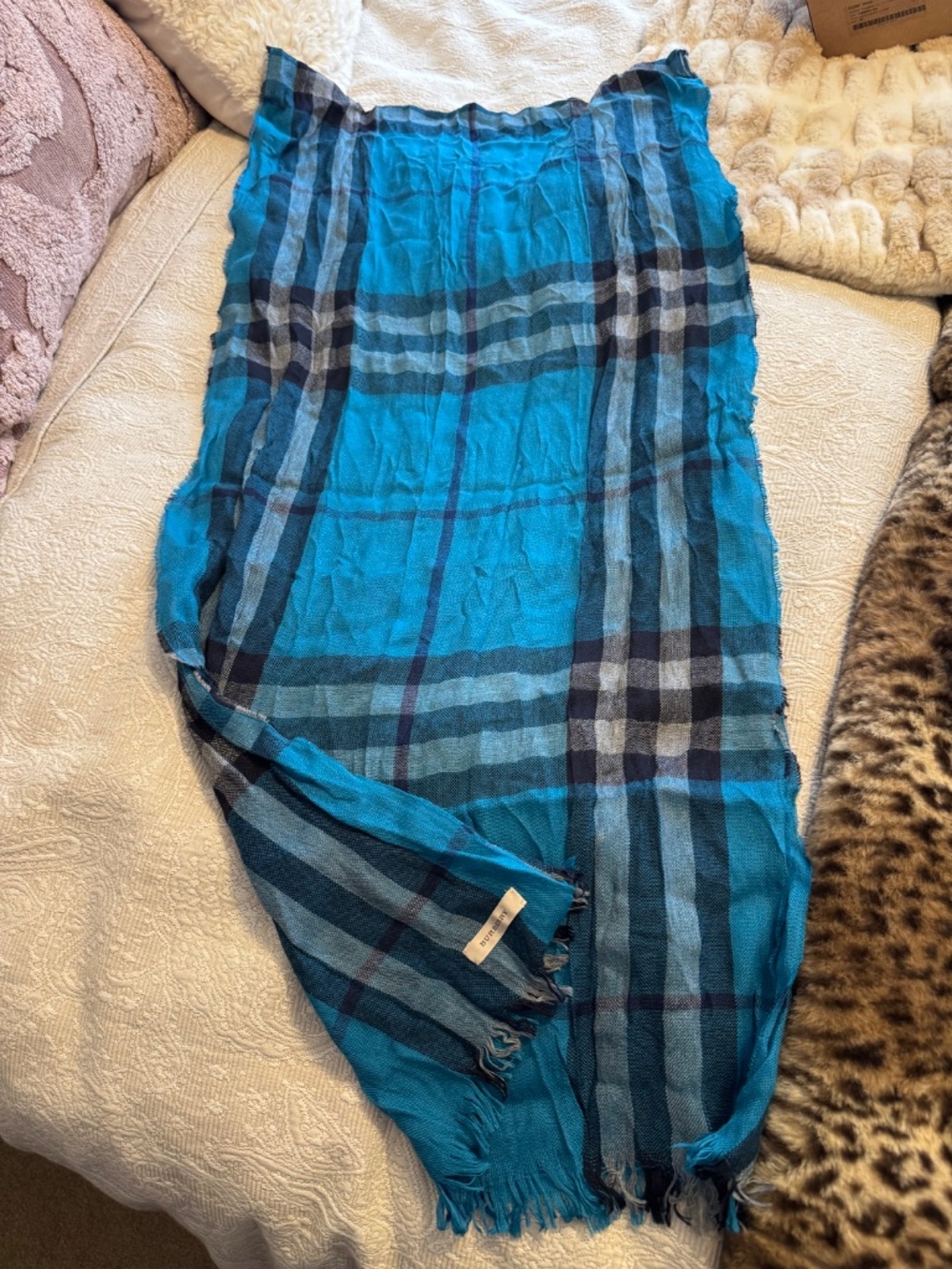 Burberry Lightweight Check Scarf Wrap – Turquoise Blue Plaid - Picture 2 of 3